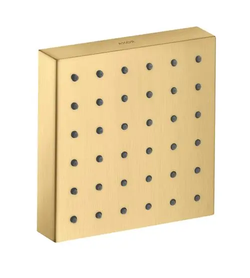Wandmontiertes Brausemodul in Brushed Gold Optik mit schwarzem Sprühkopf-Design, hergestellt von AXOR. Square Form mit mehreren Düsen auf der Vorderseite.